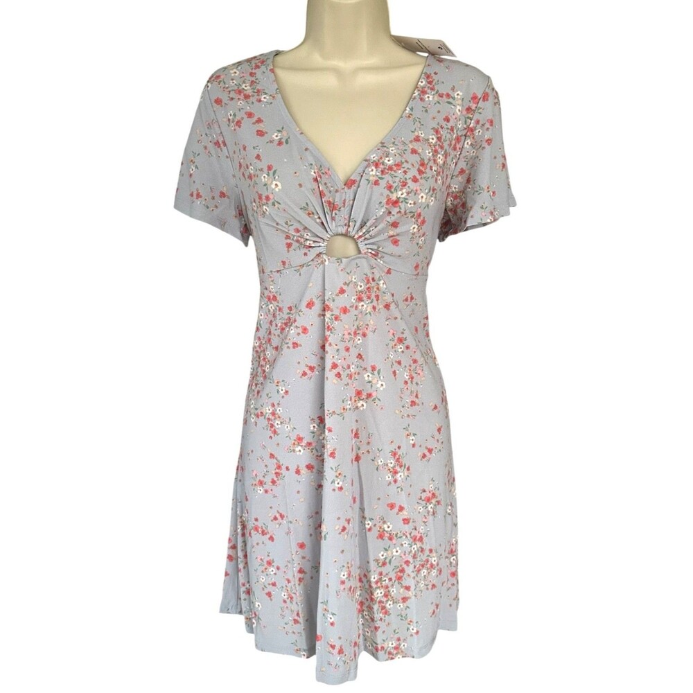 PINK ROSE Junior's Mini Dress Short Sleeve V-Neck Size L Light Blue Floral